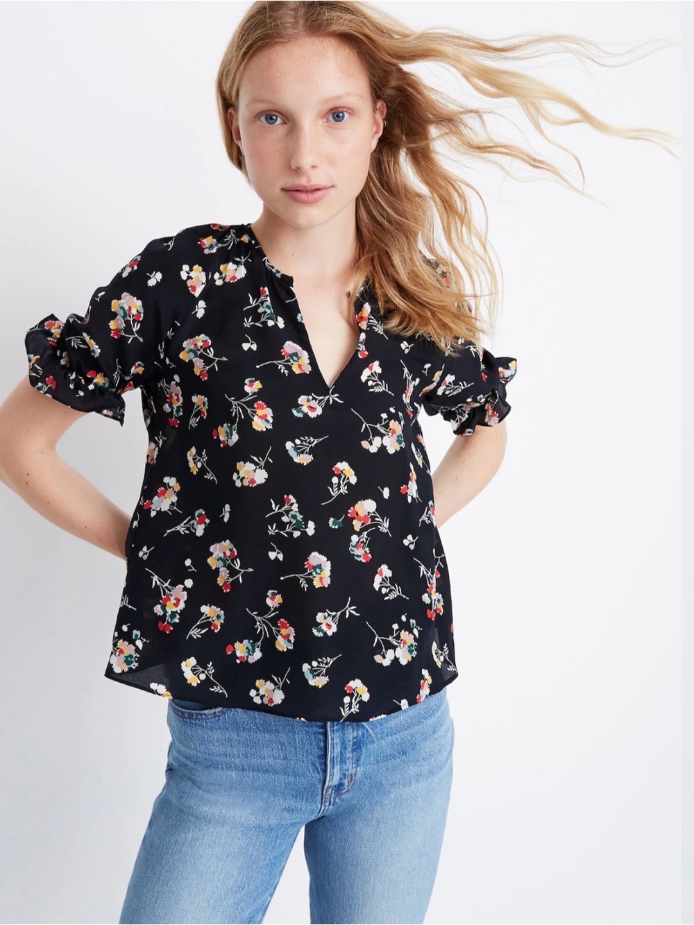 Madewell Floral Ruffle-Cuffed Top